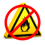 flammable symbol with a red circle and slash over it