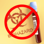 biohazard symbol and vial of blood with a red circle and slash over it