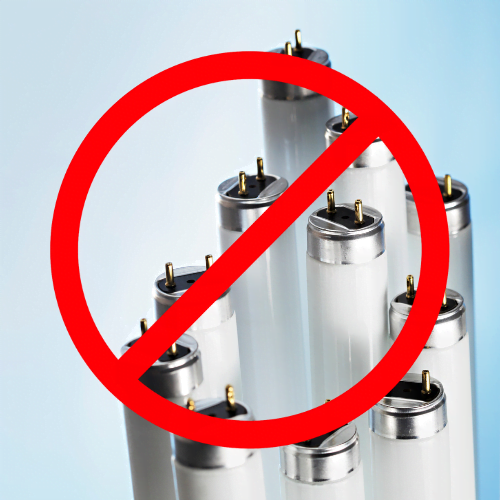fluorescent light bulbs with a red circle and slash over it